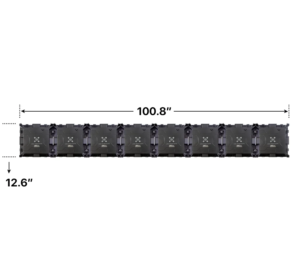 Back elevation of a 1x8 LED sign, 100.8″ wide by 12.6″ tall