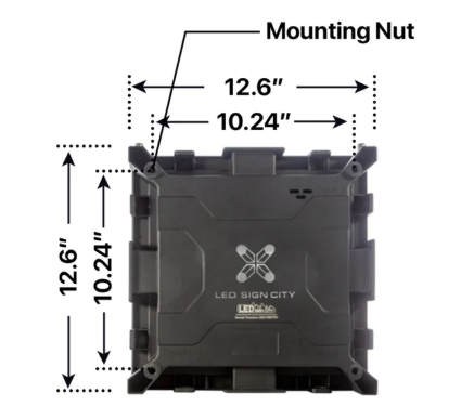 Rear view of a single LED module with dimensions: 12.6 inches square overall, 10.24 inches between mounting nuts
