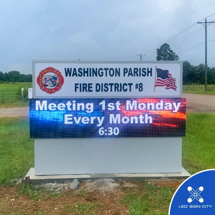 Fire district monument sign with the name above a full-color LED display