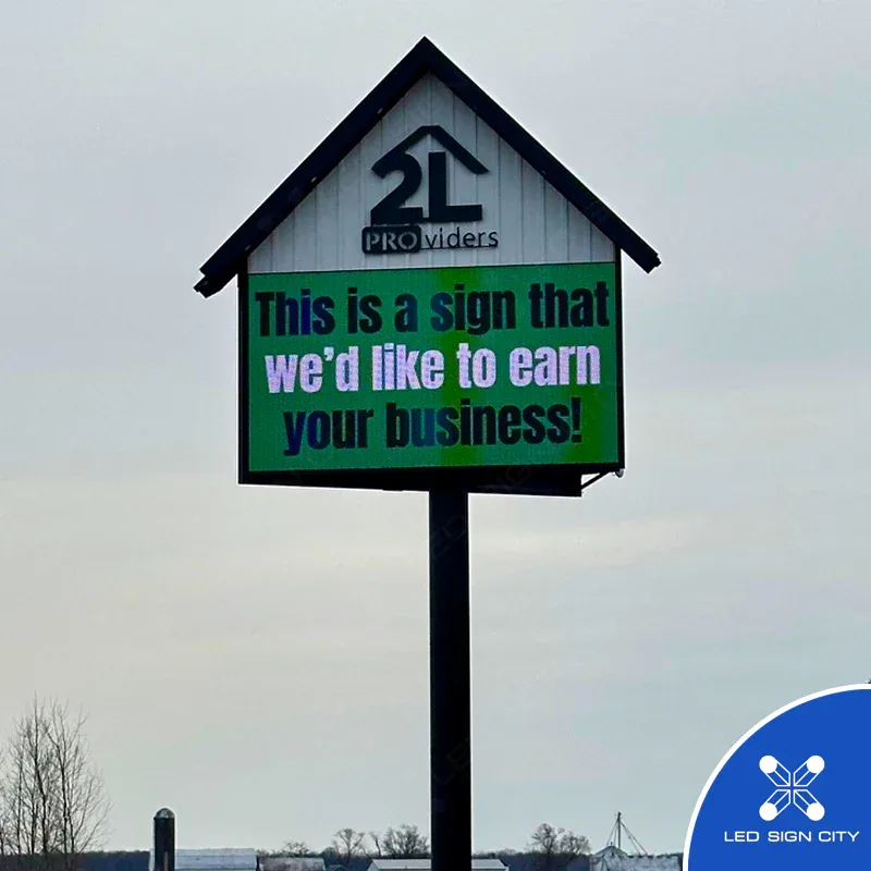 2L Providers roadside LED sign under a gabled cabinet
