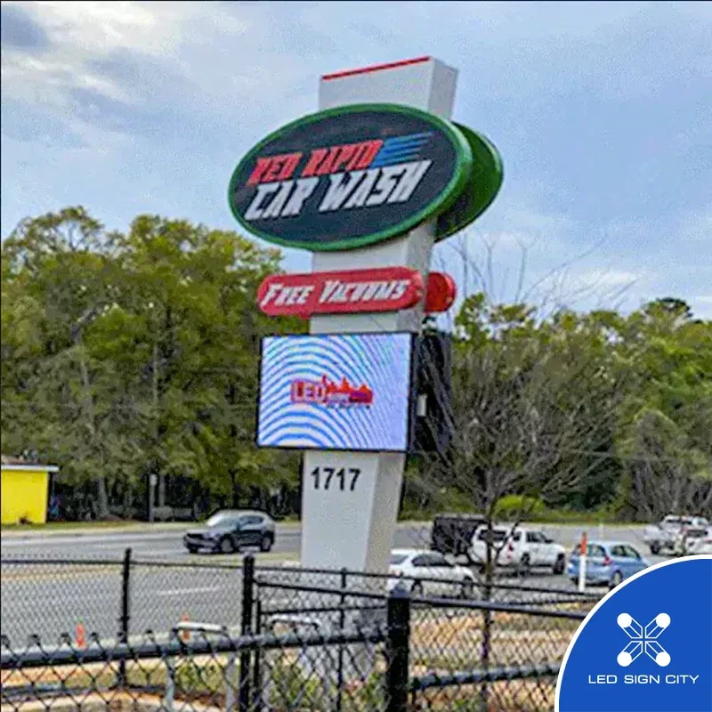 Red Rapid Car Wash entrance LED monument